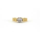 18ct gold diamond solitaire ring, with engraved shoulders, EF Sheffield 1922, size O, approximate