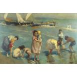 Figures on the beach, French impressionist oil on board, bearing an indistinct signature possibly
