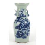 Chinese porcelain celadon vase with twin handles, hand painted with flowers, red wax seal to the