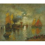 Boats on moonlit water, impressionist oil on board, bearing a signature Scools, framed, 35cm x