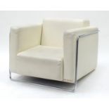 Contemporary cream faux leather and chrome framed armchair, 71cm H x 90cm W x 85cm D : For Further