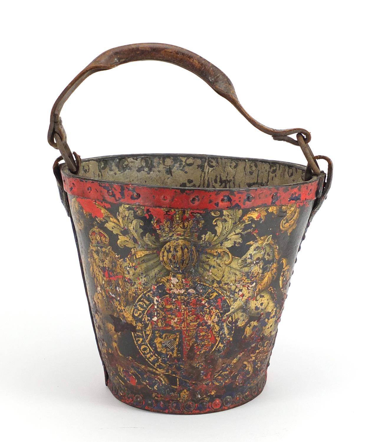 Georgian metal studded leather fire bucket, hand painted with Royal Coat of Arms, 26cm high : For