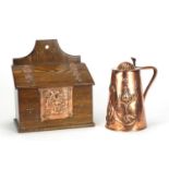 Arts & Crafts copper flagon by Joseph Sankey & Son and an oak candle box with applied copper