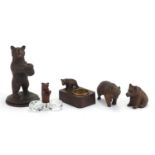Five carved Black Fores bears including an ashtray and salt, the largest 13.5cm high : For Further