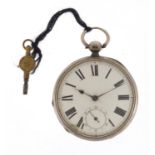 Victorian gentleman's silver open face pocket watch with subsidiary dial, the movement numbered