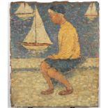 Boy seated with a toy boat, post impressionist oil on canvas, bearing an indistinct signature