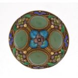 Chinese silver gilt and enamel brooch set with four green jadeite cabochons, 4cm in diameter,