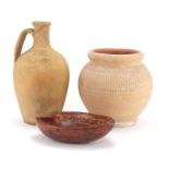 Two Roman style terracotta vessels and a bowl, the largest 27cm high : For Further Condition Reports