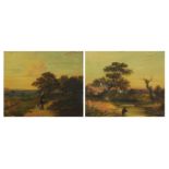 Pastoral scenes with a man with a huntsman and hound, pair of 19th century oil on canvases,