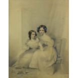 Portrait of two young females in an interior, Late Georgian pencil and watercolour, bearing an