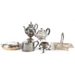 Silver plate comprising three teapots, a basket with swing handle and entrée dish with cover : For