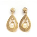 Pair of 9ct gold pearl drop earrings, 2.5cm in length, approximate weight 3.8g : For Further