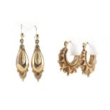 Two pairs of Victorian style 9ct gold earrings, the largest 4.5cm in length, approximate weight 3.2g