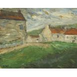 Farm buildings near Talsarn 1951, oil on board, bearing a monogram KW and inscription verso, mounted