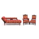 Edwardian carved mahogany salon suite comprising chaise lounge, gentleman's chair and ladies chair