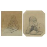 Charles Rowbotham - Young boy reading a book and one other, two 19th century pencil drawings,