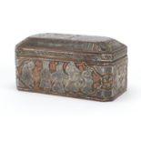 Egyptian brass Cairo Ware casket with canted corners and copper and silver inlay, depicting