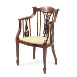 Edwardian inlaid mahogany tub chair with pierced back and floral upholstered seat, 92cm high : For