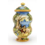Antique Italian Majolica jar and cover hand painted with figures in a landscape, inscribed Pesaro to