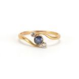 Unmarked gold sapphire and diamond crossover ring, size O, approximate weight 2.0g : For Further