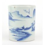 Chinese blue and white porcelain cylindrical brush pot, hand painted with a fisherman in a