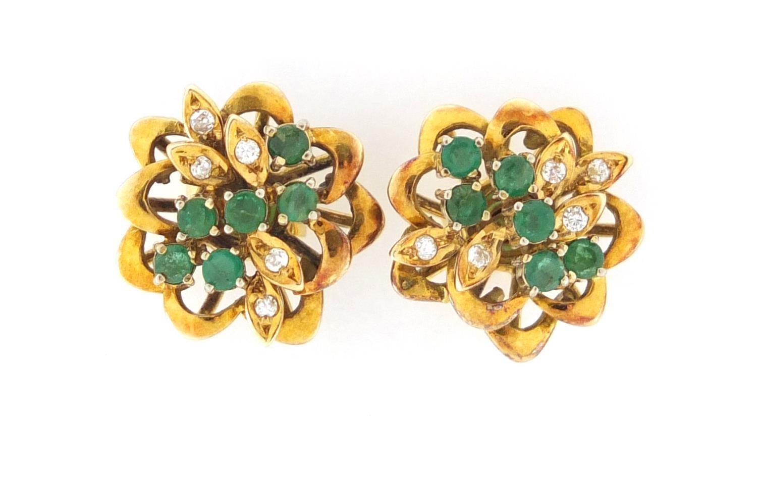 Pair of 18ct gold emerald and diamond flower head earrings, 1.4cm in diameter, approximate weight