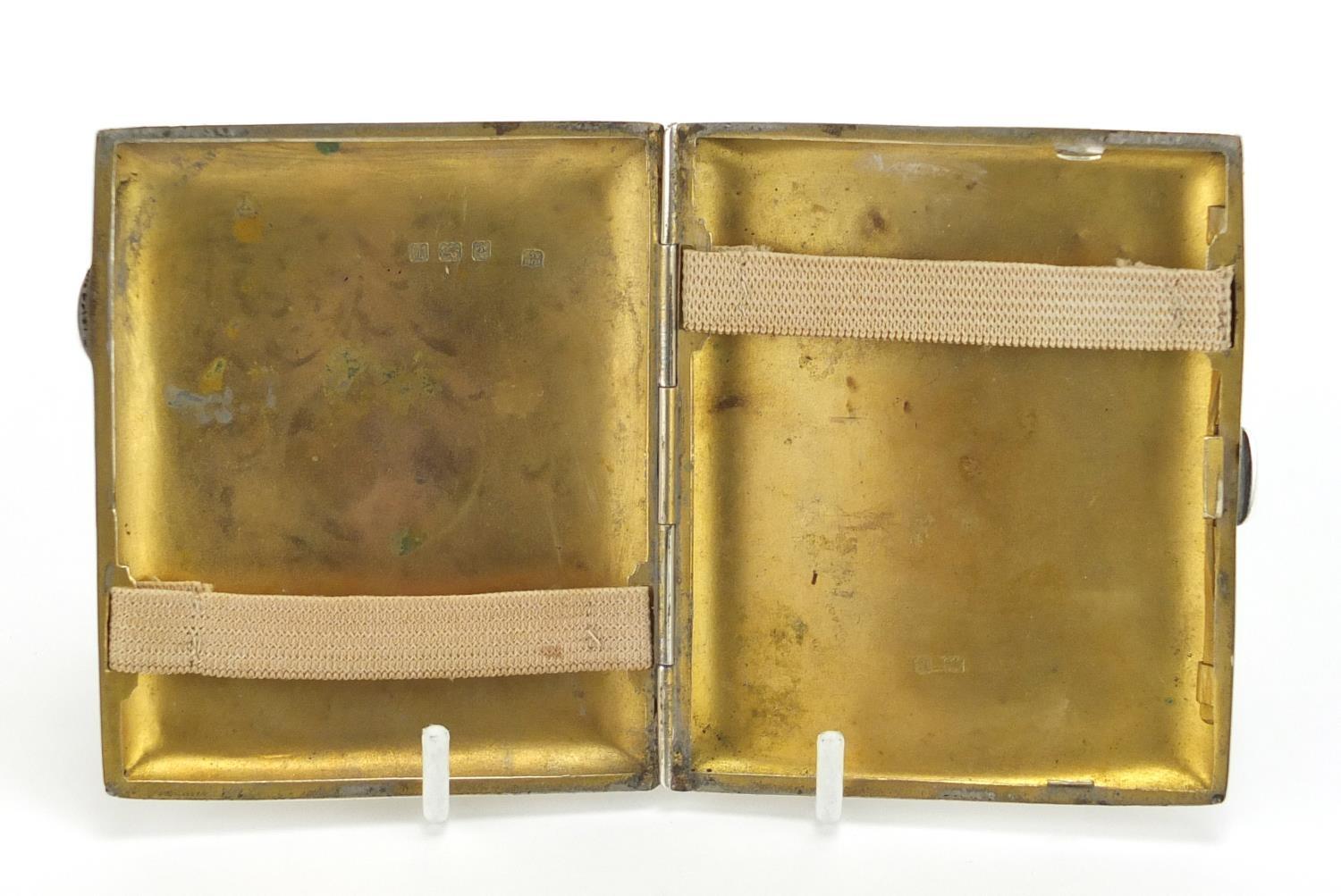 Rectangular silver cigarette case with enamelled semi nude female panel, by W J Myatt & Co - Image 3 of 6