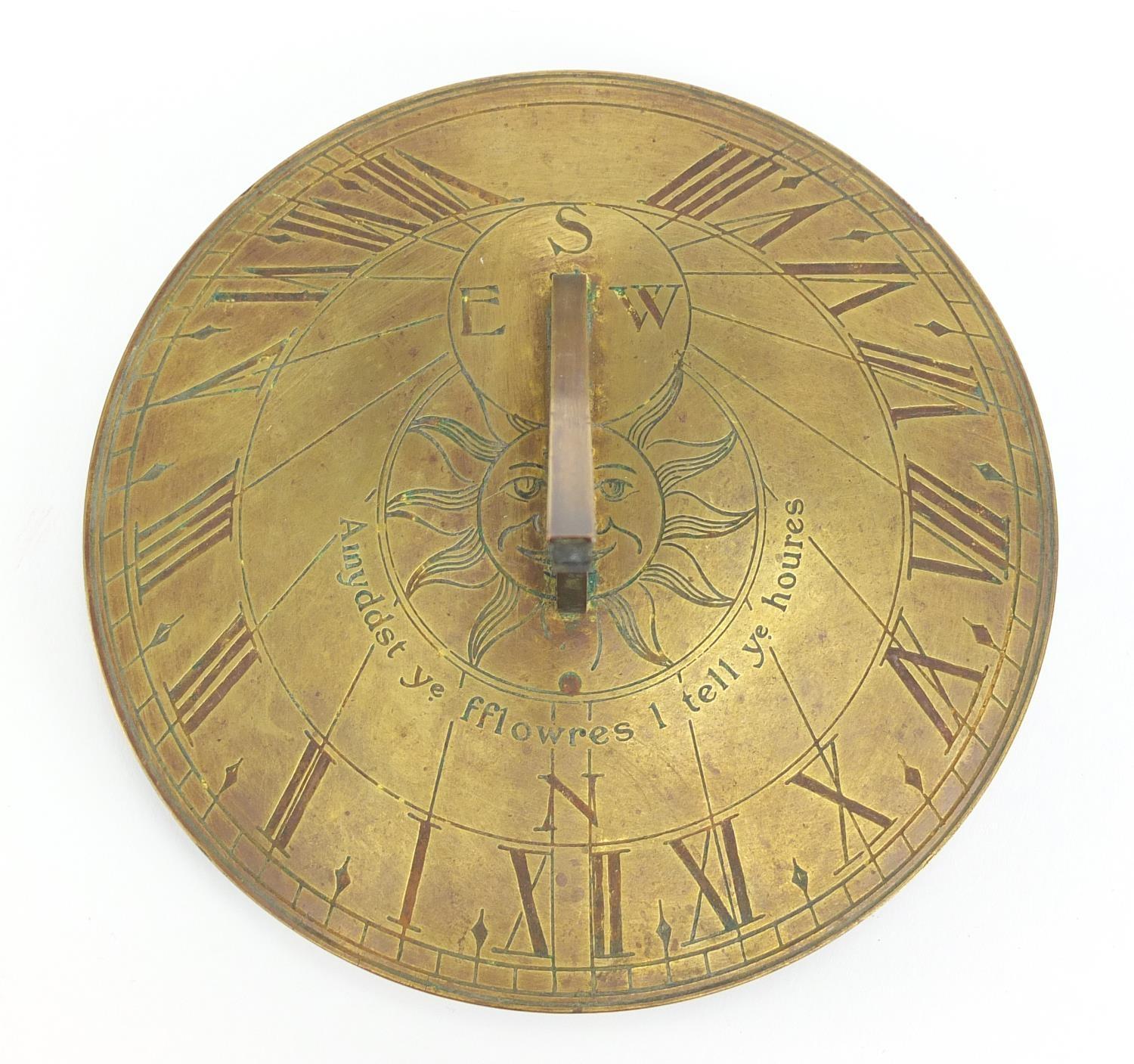 Georgian bronze sundial with Roman numerals, engraved Amyddst Ye Fflowres 1 Tell Ye Houres, 20cm - Image 3 of 4