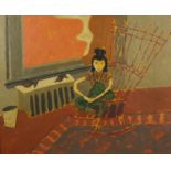 After Milton Avery - Surreal interior scene with a girl on a rocking chair, oil on board, framed,
