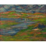 River landscape, post impressionist oil on wood panel, bearing a signature Henry Moret, framed, 38.