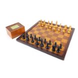 Staunton chess set by Jaques & Son with mahogany boxwood chess board, the largest chess piece 9cm