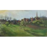 Gilbert Sprencer - Towards town over fields, signed oil on canvas, inscribed verso, framed, 79cm x