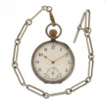 Gentleman's silver open face pocket watch with subsidiary dial and watch chain, 4.7cm in