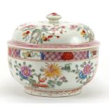 Large Chinese porcelain bowl and cover, hand painted in the famille rose palette with flowers, six
