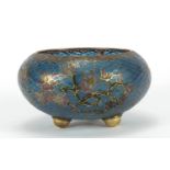 Japanese Plique-à-jour enamel three footed bowl, enamelled with flowers, 10.5cm in diameter : For