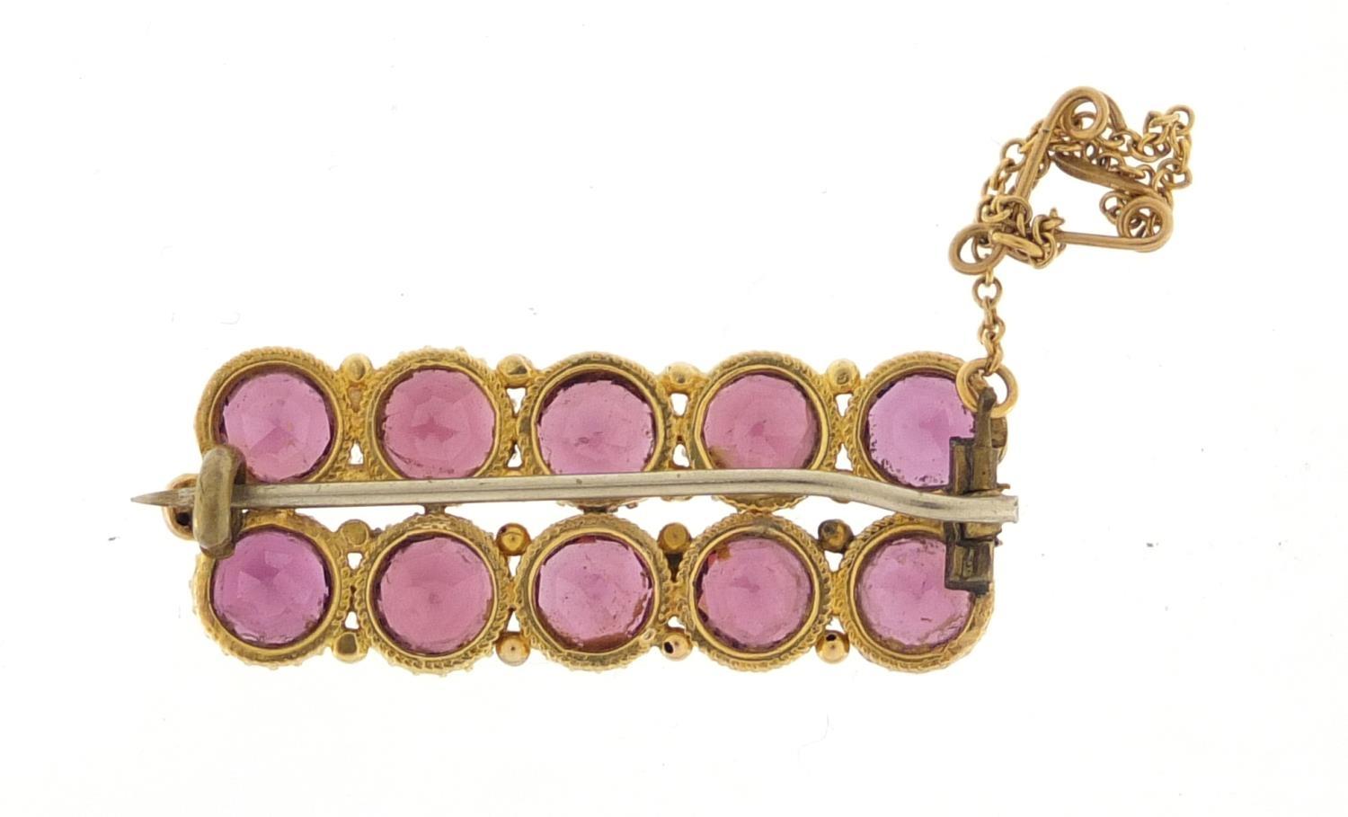 Unmarked gold amethyst bar brooch, 3.6cm in length, approximate weight 8.1g : For Further - Image 2 of 2