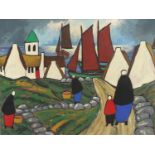 Figures and buildings before water, Irish school gouache, bearing a signature Markey, mounted and