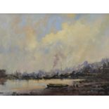 Industrial harbour, impressionist oil on canvas, bearing an indistinct signature possibly L Russait,