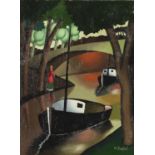 Canal boats and a woman walking on a toe path, oil on path, bearing a signature G Buchet, framed,