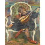 Young girl in a chair playing a mandolin, French school oil on board, bearing a signature C H