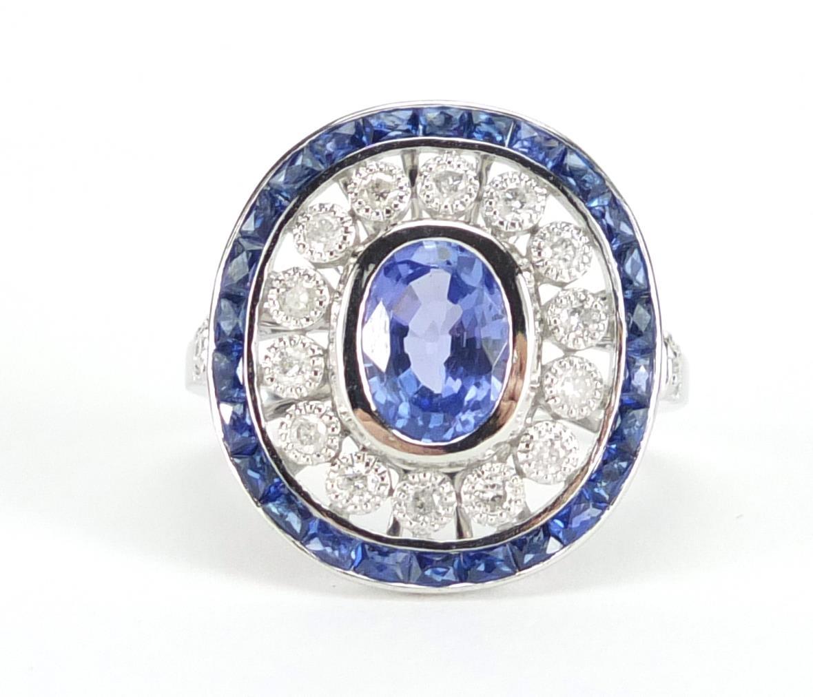 Art Deco style 18ct white gold tanzanite and diamond ring, size J, approximate weight 3.9g : For