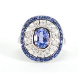 Art Deco style 18ct white gold tanzanite and diamond ring, size J, approximate weight 3.9g : For