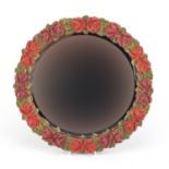 Circular barbola wall hanging mirror with bevelled glass, hand painted with flowers, 41cm in