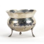 Egyptian unmarked silver niello work three footed bowl, 8cm high x 10.5cm in diameter, approximate