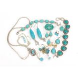 Silver and white metal turquoise jewellery including bracelets, pendants, rings and earrings,