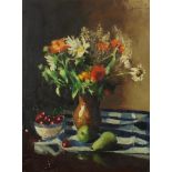 Still life flowers in a vase, oil on board, bearing an indistinct signature to the top right,