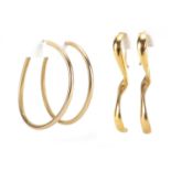Two pairs of 9ct gold earrings, the hoops 4cm in diameter, approximate weight 3.7g : For Further