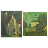 Cottages, two impressionist oils, one on canvas bearing an indistinct signature possibly Aerens,