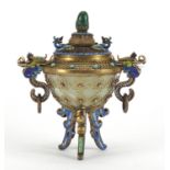 Chinese silver gilt, enamel and jade tripod incense burner, with twin dragon handles, impressed