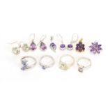 Silver semi precious stone jewellery comprising four rings, three pairs of earrings and three